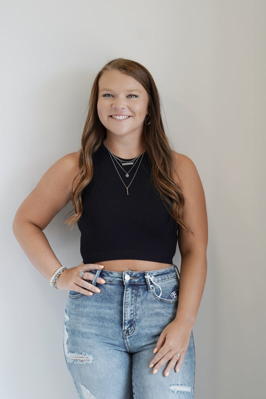 Tulla Textured Tank Top Round Neckline Sleeveless Textured Material Colors: Black Fitted Cropped 92% Nylon, 8% Spandex