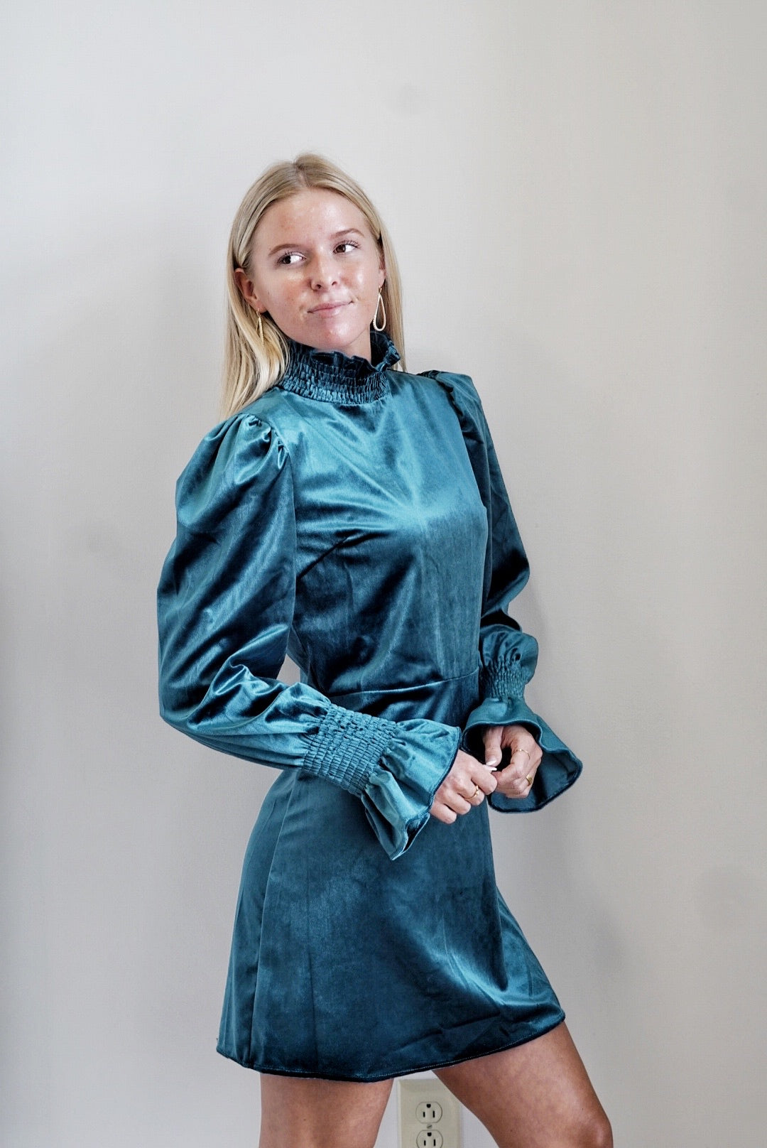 Cecelia Smocked Neck Dress Smocked Mock Neckline Velvet Material Long Sleeves w/ Smocked Cuffs Teal Color Knee Length Relaxed Fit 100% Polyester