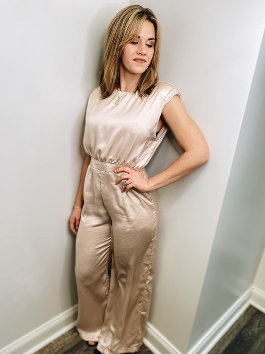 Sandra Satin Shoulder Pad Jumpsuit