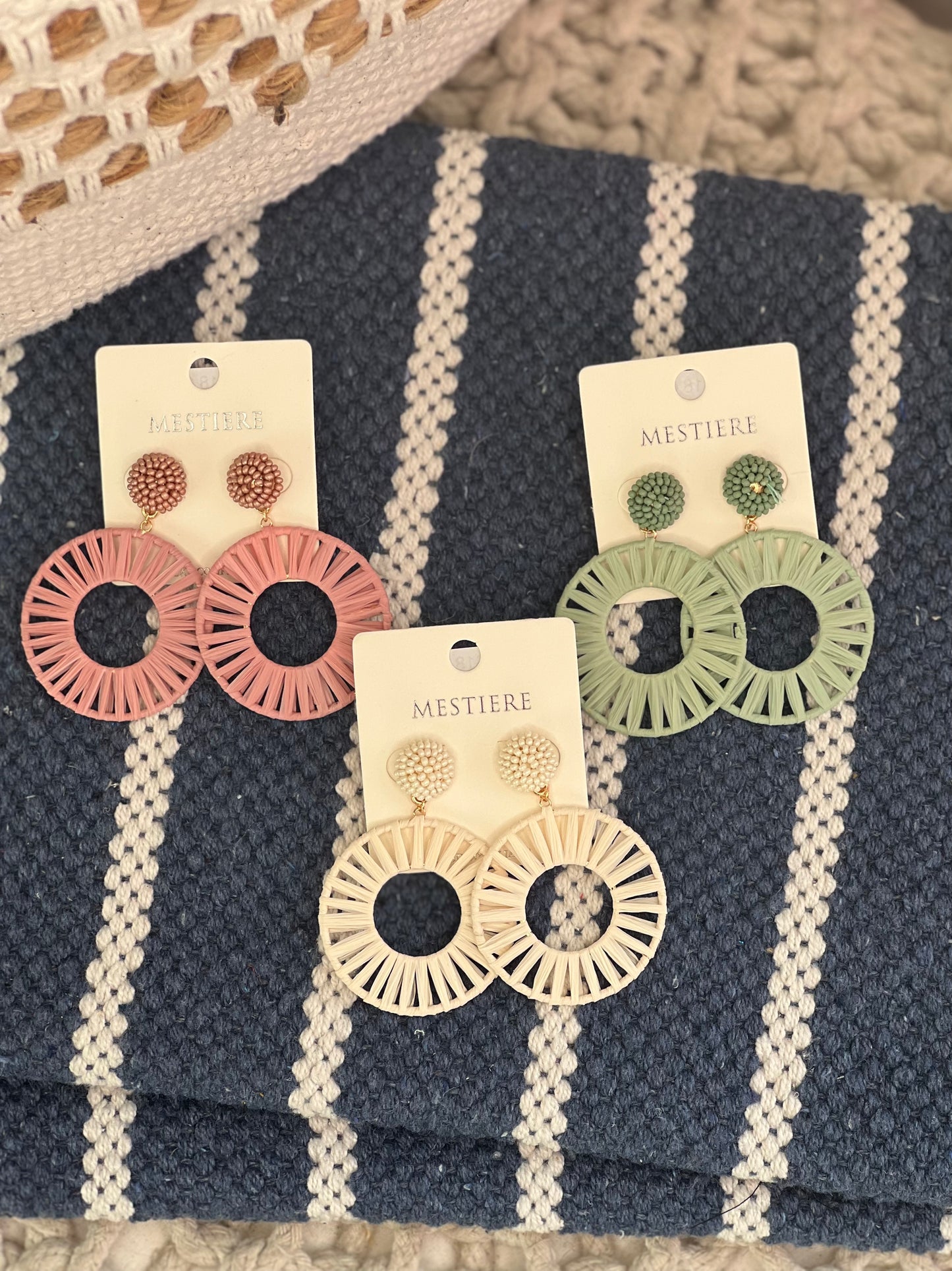 Raffia Wrapped Round Earrings with Beads