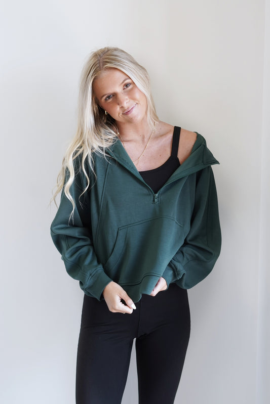 Sammy Scuba Half-Zip Hoodie Hooded Half Zip-Up Long Sleeve Kangaroo Front Pocket Waistline Length Color: Green Slightly Oversized 51% Polyester, 43% Rayon, 6% Spandex