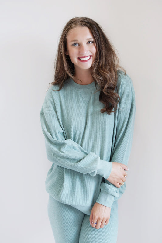 Calla Cozy Days Thermal Sweatshirt Crew Neckline Cuffed Long Sleeves Washed Jade Color Thermal Material Relaxed Fit 64% Polyester 33% Rayon 3% Spandex