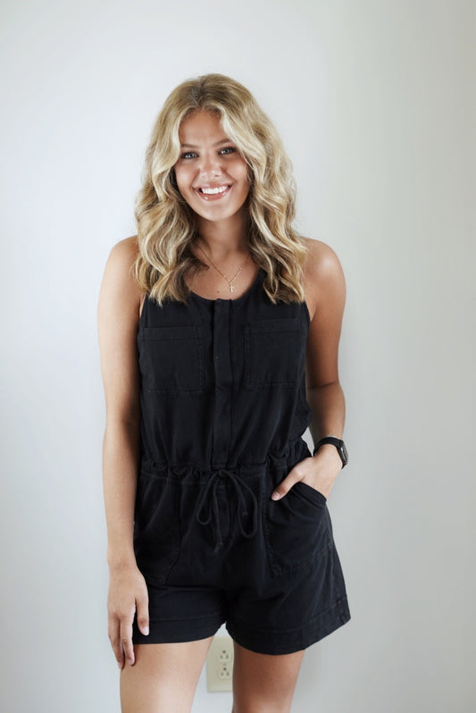Pres Pocket Zip Up Romper Round Neckline Sleeveless Drawstring Waist Hidden Front Zipper 2 Chest Pockets 2 Short Pockets Washed Black Color Relaxed Fit 100% Cotton