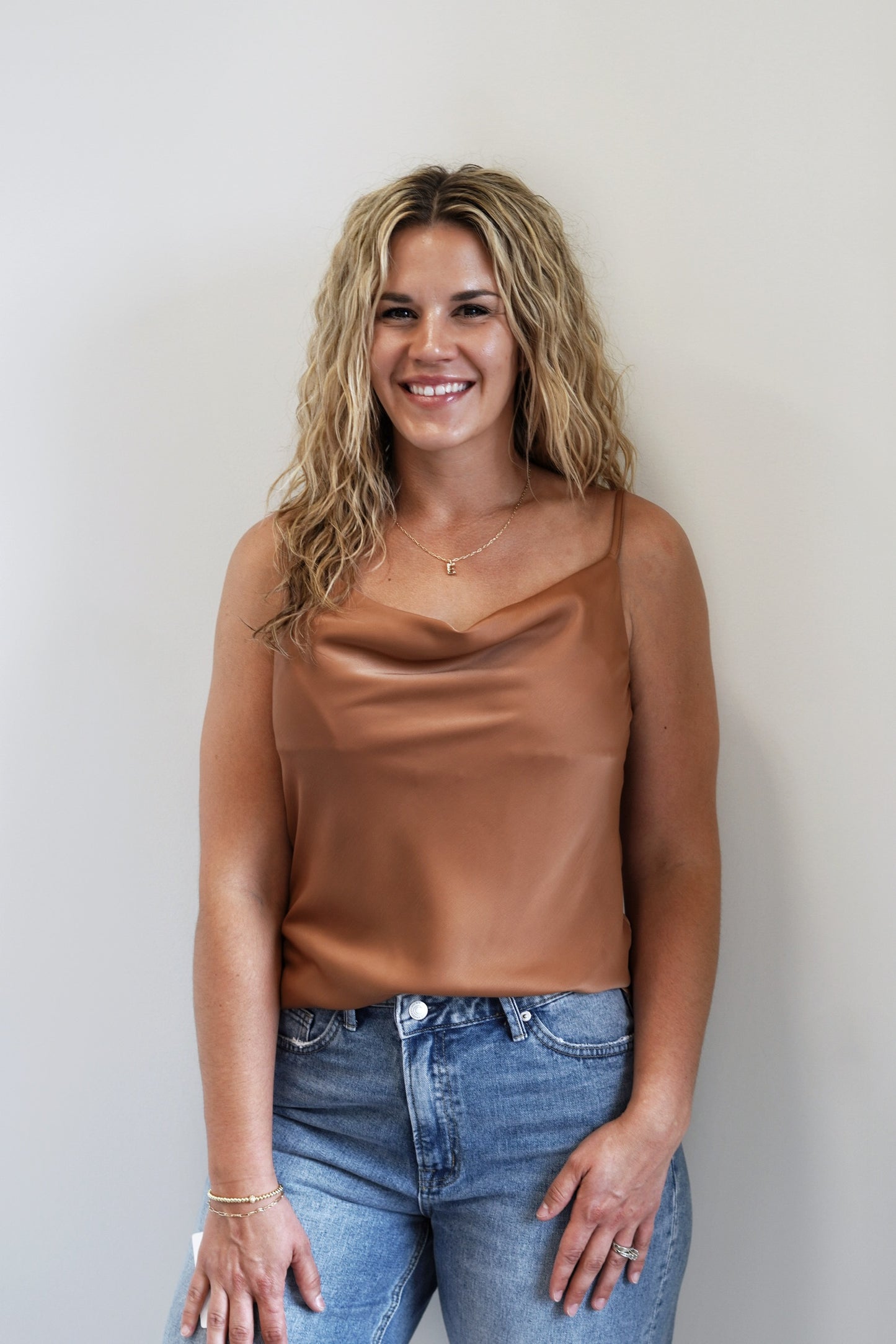 Connie Cowl Neck Satin Top Cowl Neckline Adjustable Spaghetti Straps Satin Full Length Camel Color 97% Polyester, 3% Spandex