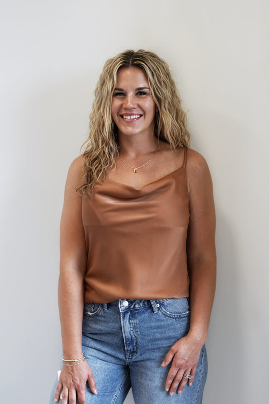 Connie Cowl Neck Satin Top Cowl Neckline Adjustable Spaghetti Straps Satin Full Length Camel Color 97% Polyester, 3% Spandex