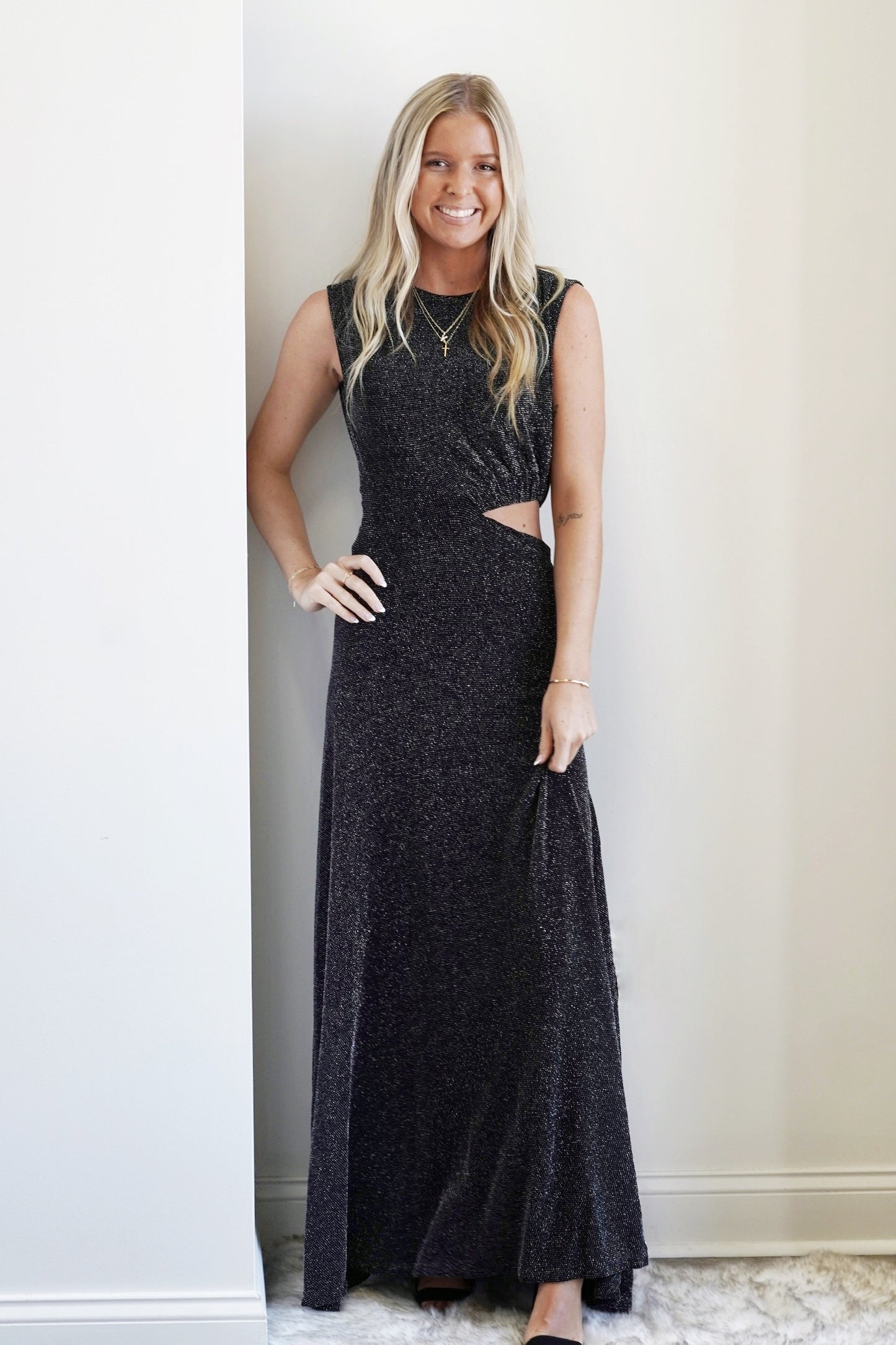 So Stunning Sparkly Evening Dress Round Neckline Sleeveless Side Cut Out Sparkle Fabric Detail Black w/ Silver Sparkles Sheath Fit 86% Nylon, 9% Metallic, 5% Spandex