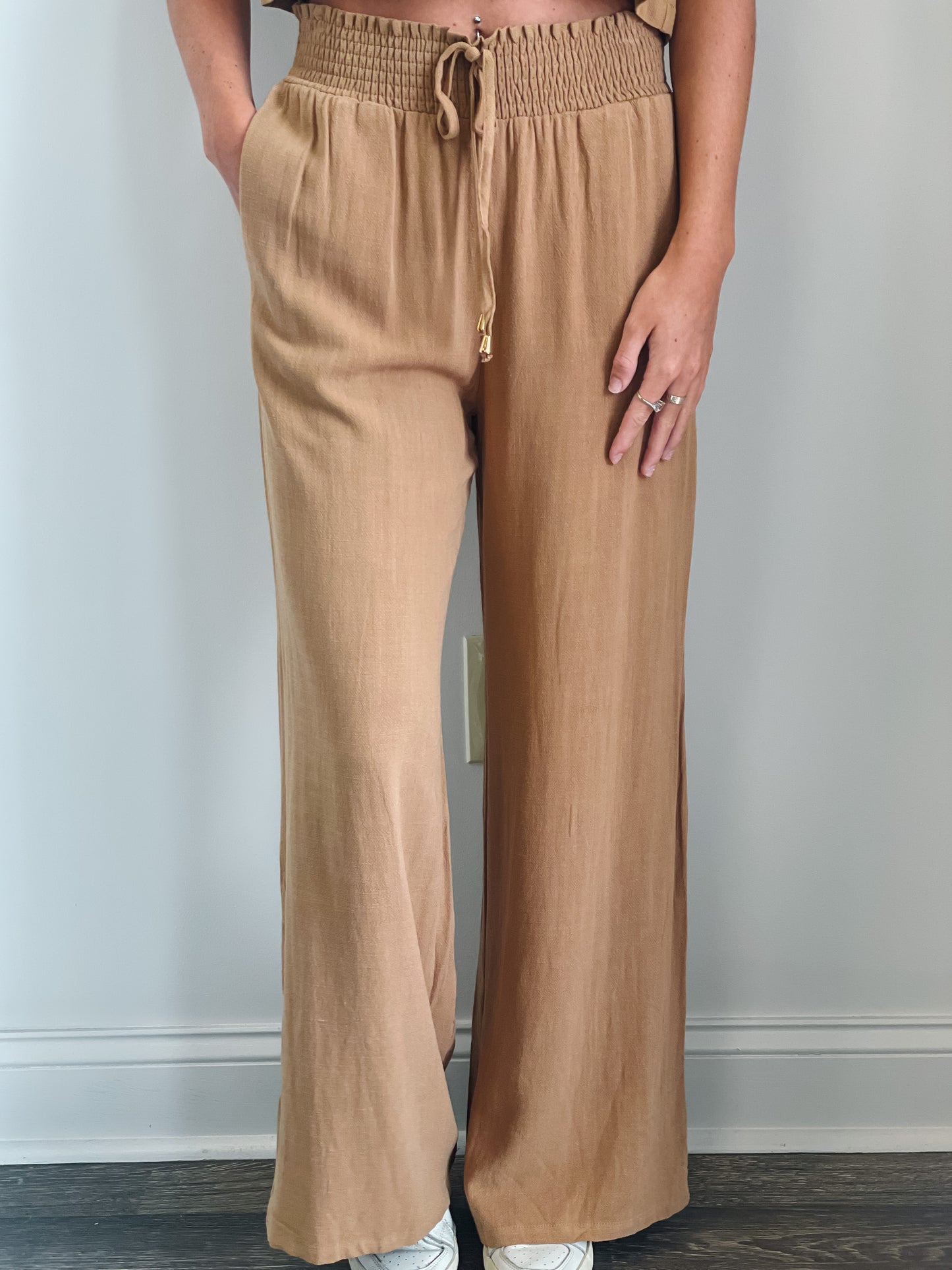 Sayla Soft Linen Smocked Waist Wide Leg Pants