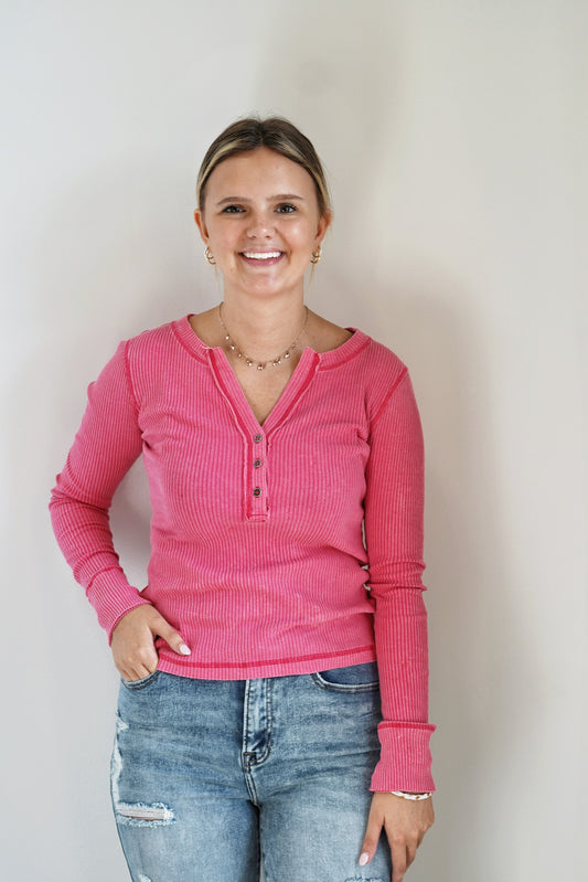 Rory Ribbed Knit Long Sleeve V Neckline With Half Button Closure Long Sleeve Acid Wash Finish Pink Full Length Fit Tighter Fit 95% Cotton, 5% Spandex