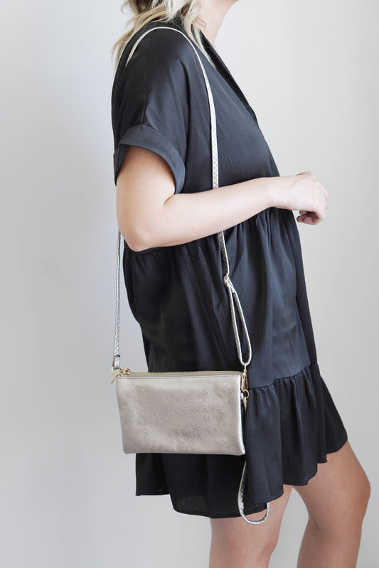 Riley Metallic Crossbody Wallet 5 Compartments 6 Card Slots 1 Interior Zipper Zipper Closer One Crossbody Strap, One Wristlet Strap - Both Removable 8.5 x 5.5in Pewter color