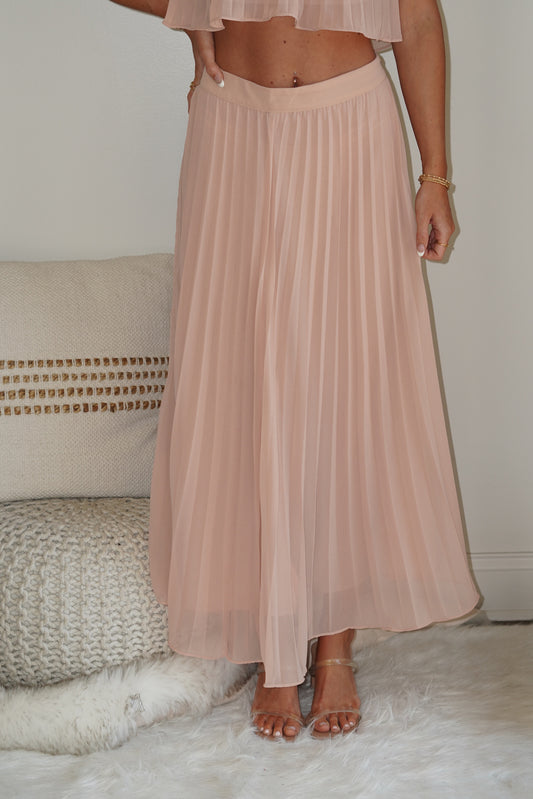 Bella Blush Skirt Set Halter Neckline Midi Length Pleated Skirt Blush Color Sheer overlaying Pieces 2 Piece set