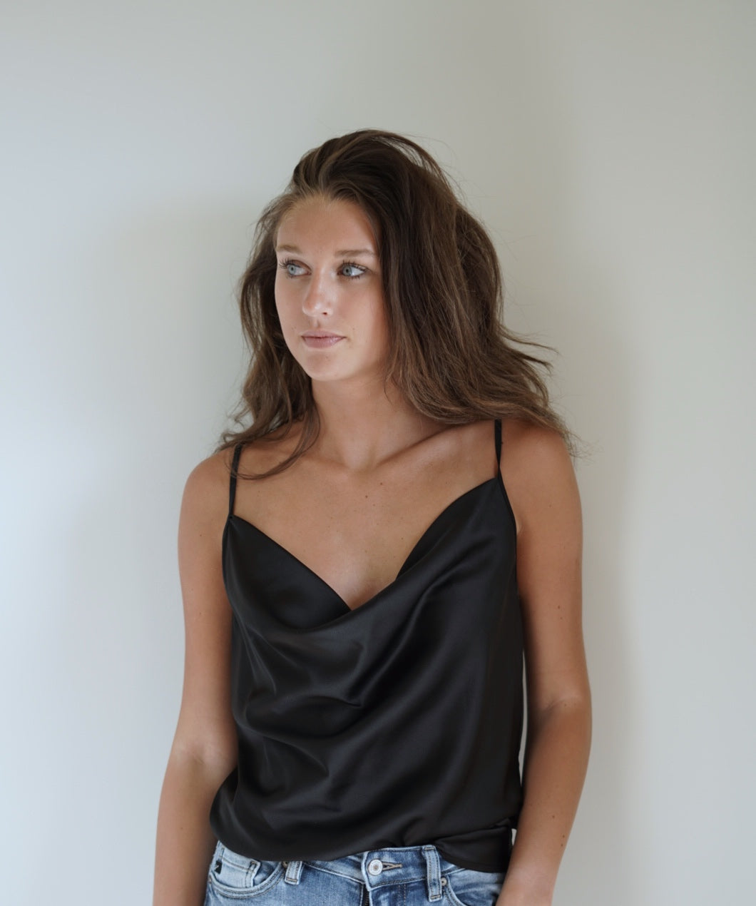 Angel Adjustable Satin Strap Top Cowl Neckline Sleeveless/ Adjustable Spaghetti Straps Satin Material White/Teal/Black Full Length Top 92% Polyester/8%Spandex Hand Wash Cold Water, Do Not Bleach, Line Dry Model is wearing size small