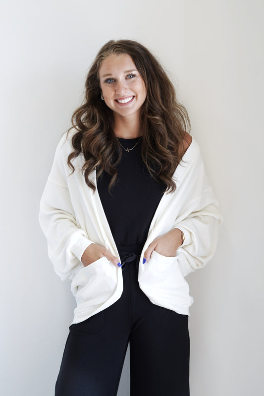 Colleen Cozy Cocoon Pocket Cardigan Open Front Front Pockets Long Cuffed Sleeves Relaxed Fit Stretchy Material Cream Color 62% Rayon, 35% Polyester, 3% Spandex