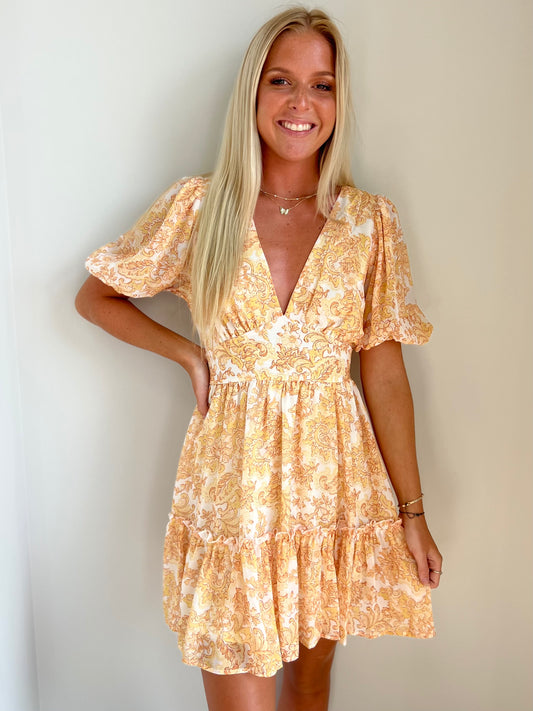 Paisley Printed V-Neck Mini Dress