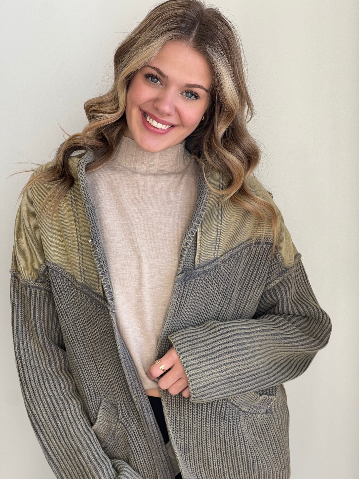 Terry Washed Cardigan and Cable Knit Sweater