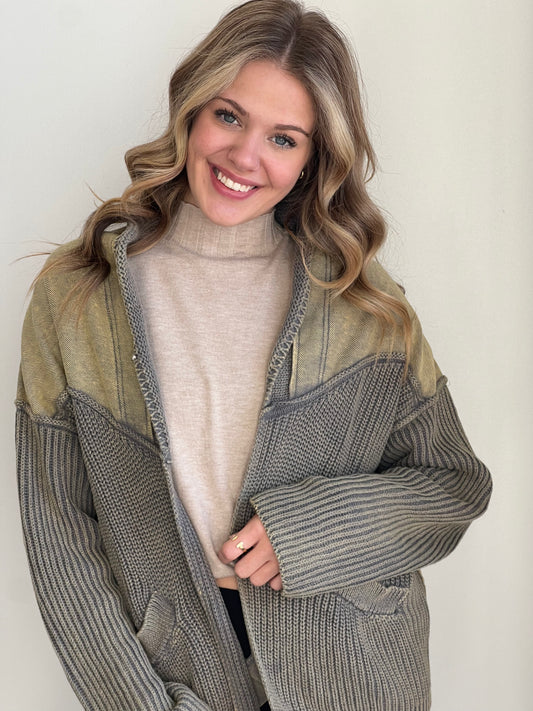 Terry Washed Cardigan and Cable Knit Sweater
