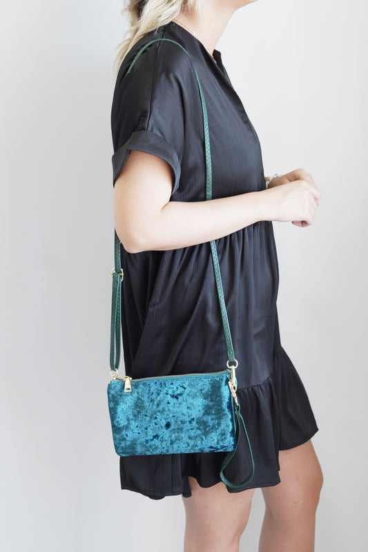 Riley Velvet Crossbody Wallet 5 Compartments 6 Card Slots 1 Interior Zipper Zipper Closer One Crossbody Strap, One Wristlet Strap - Both Removable 8.5 x 5.5in emerald green color