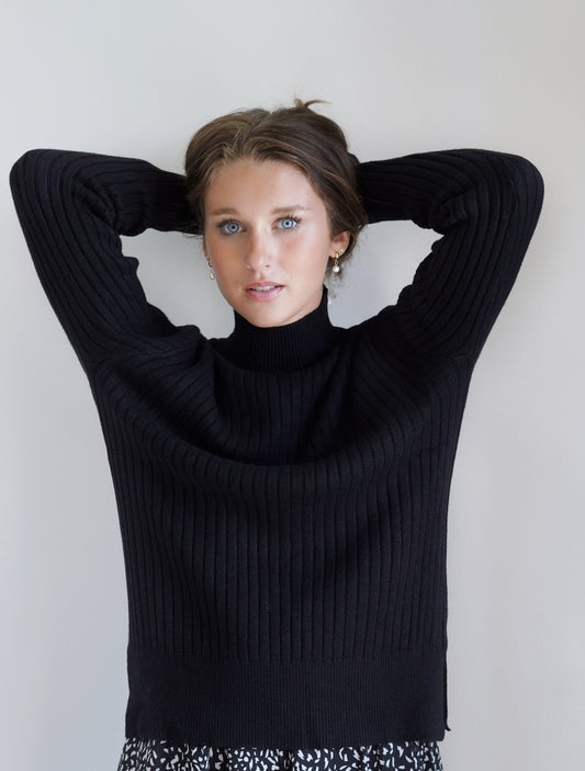 Kendall Cozy Mock Neck Mock Neckline Long Sleeves Side Slit Detail Full length Color: Black 50% Viscose, 28% Polyester, 22% Nylon.
