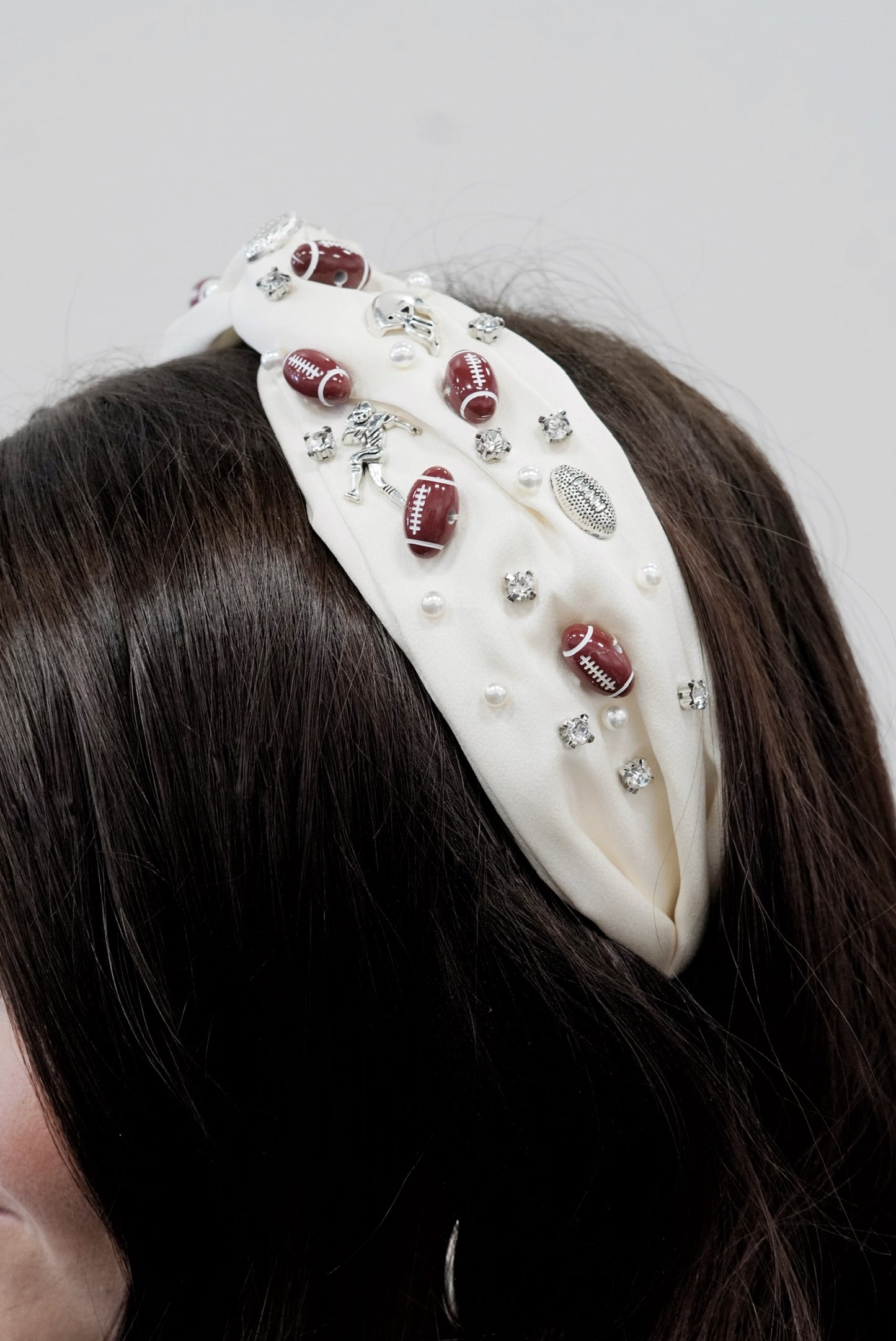 Meet Me at the Tailgate Headband Ivory Color Football Player, Footballs, Helmets Studded Charms Studded Pearls and Jewels