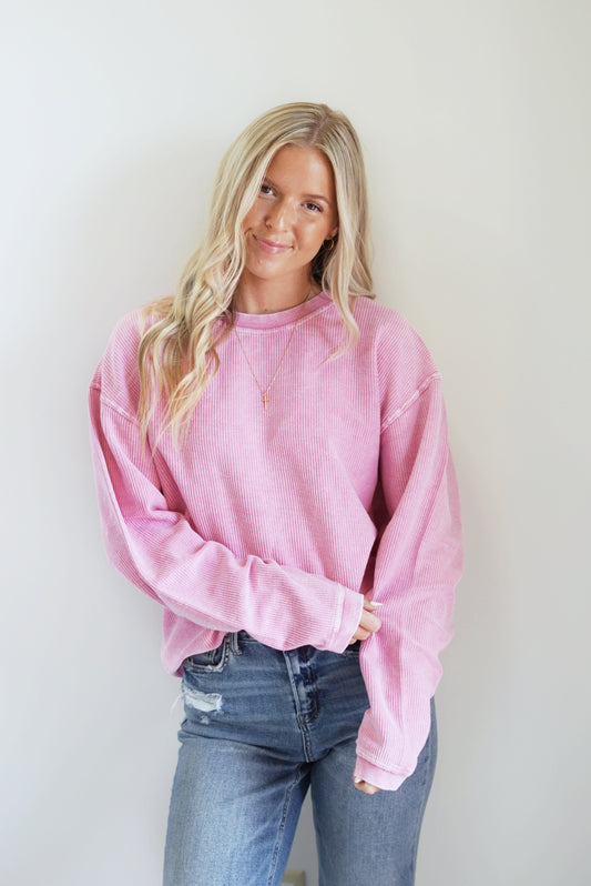 Calla Corded Crew Everyday Sweatshirt Crew Neckline Long Sleeve Corded Material Colors: Pink, Ivory, Sky Blue Full Length Relaxed Fit 100% Cotton Care: Machine Wash Carefully in Cold Water, Lay Flat to Dry