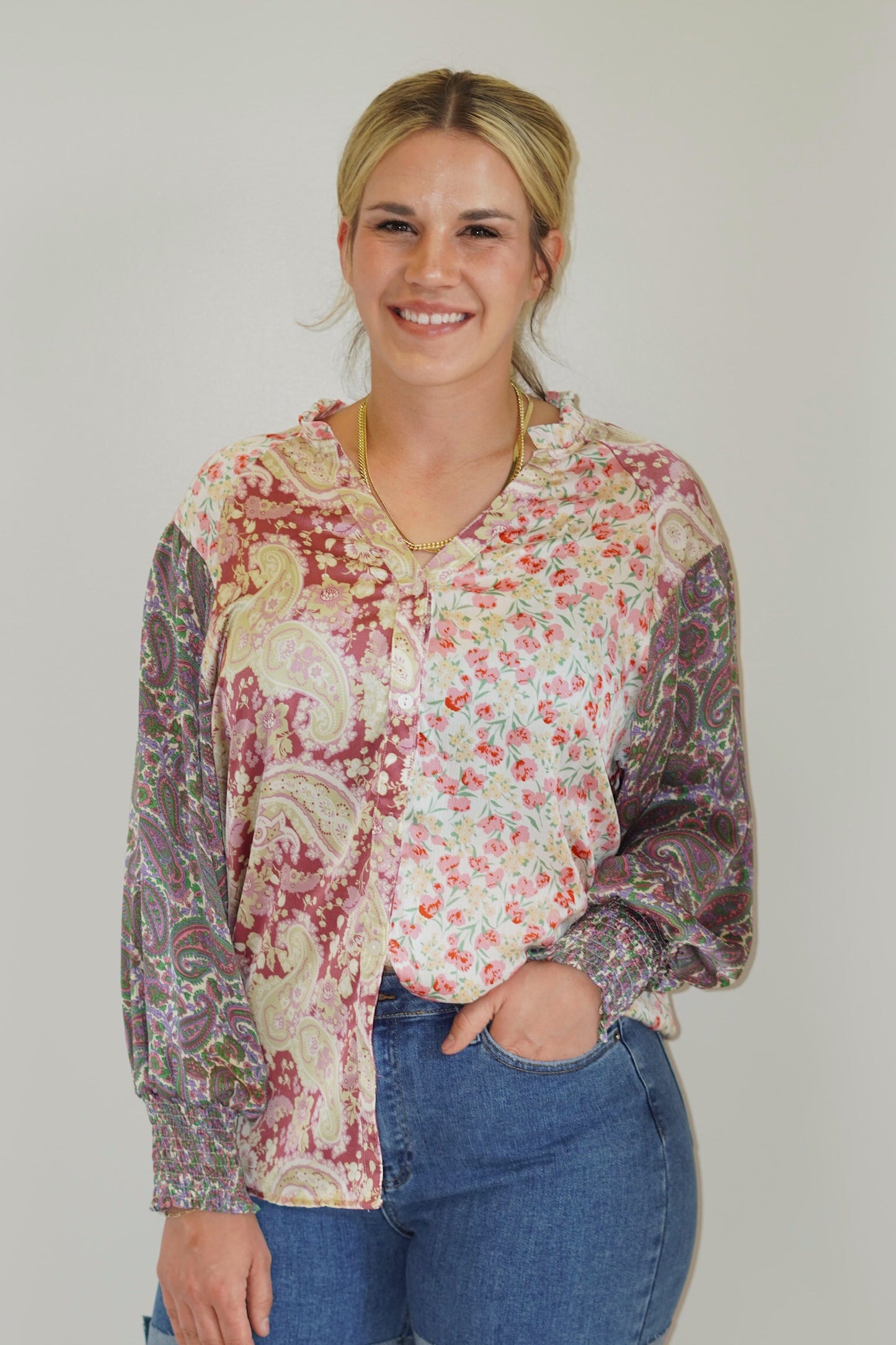 Olivia Floral Block Blouse Button Down Cinched Cuffs Ruffle Neck Line 100% Polyester Hand Wash Cold, Do Not Bleach, With Cold Water, Hand Or Line Dry