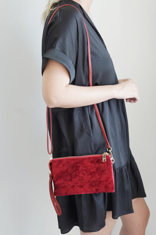 Riley Velvet Crossbody Wallet 5 Compartments 6 Card Slots 1 Interior Zipper Zipper Closer One Crossbody Strap, One Wristlet Strap - Both Removable 8.5 x 5.5in red color