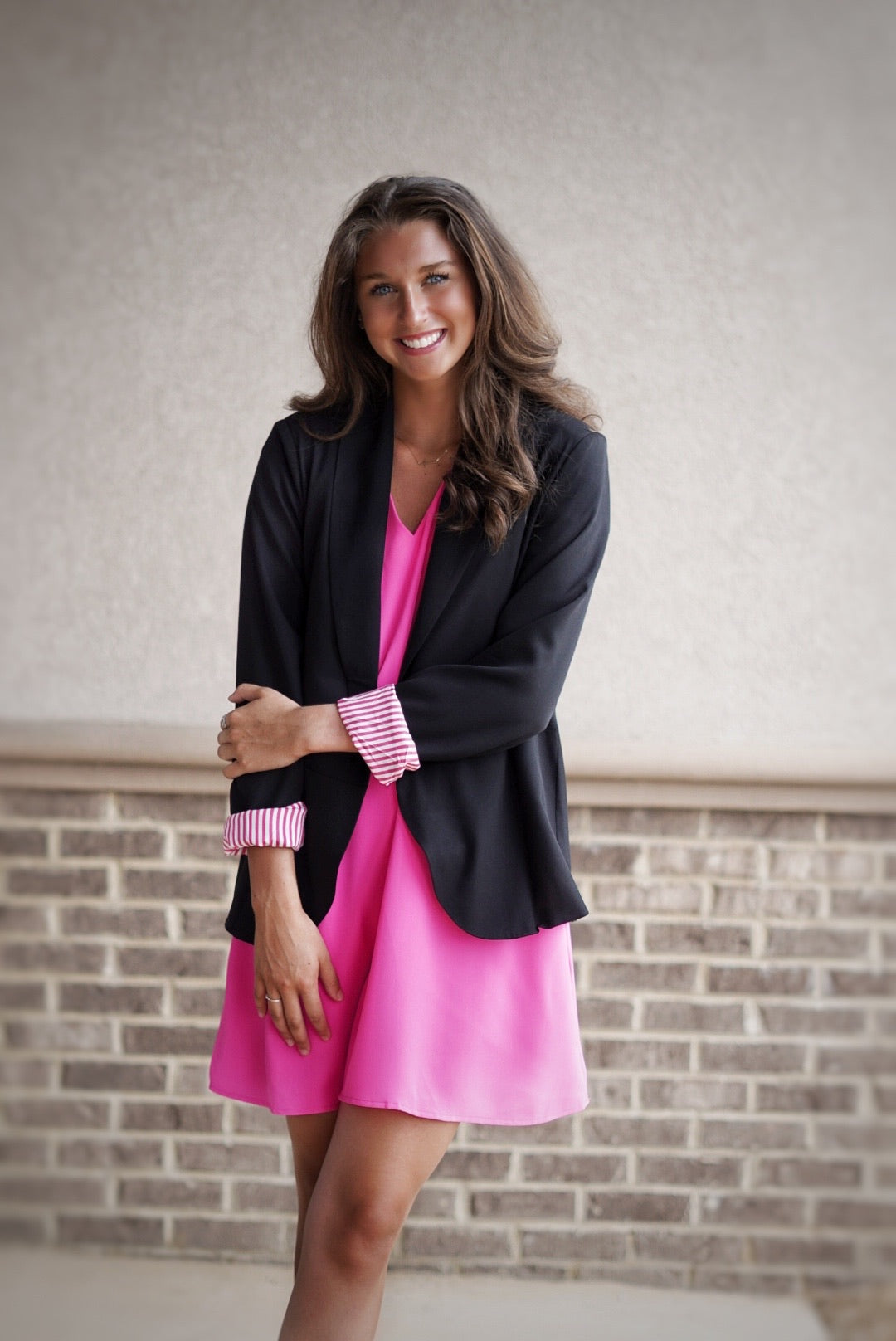 Peyton Sleek Black Blazer Lapel Neckline Long Sleeve Black Full Length 100% Polyester Care: Machine Wash Cold, Do Not Bleach Model is wearing a size small