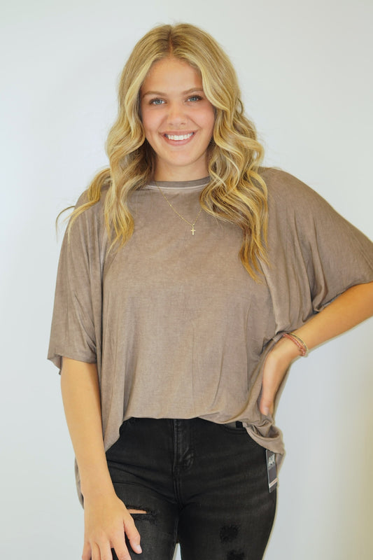 Layla Loose Fit Top Round Neckline Raw Edge Hem Stitching Detail Down Back Spine Loose Fitting Colors come in Cappuccino, Green Balsam, and Turquoise 95% Rayon/5% Spandex Hand wash cold water. Do not bleach. Line dry. Wash Separately. Model Wearing Size Small
