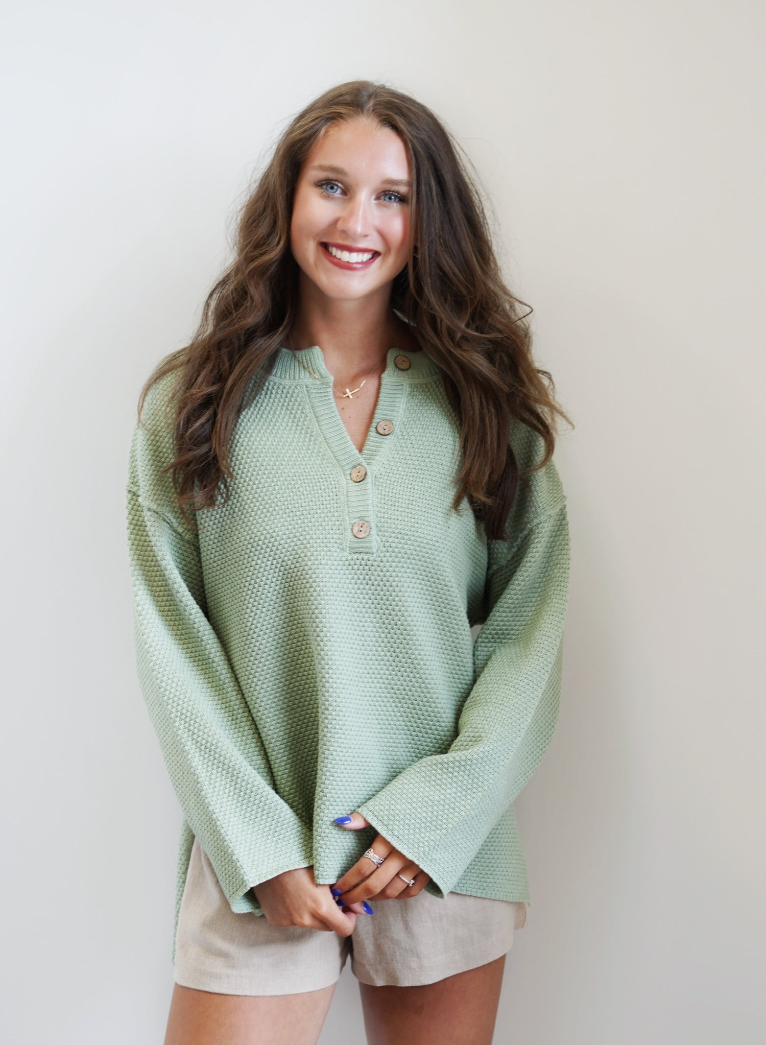 Honey Oversized Henley Sweater Top Henley Neckline w/ Functional Buttons Long Sleeve High Low Hem w/ Side Slits Sage Color Relaxed Fit 55% Acrylic, 45% Cotton