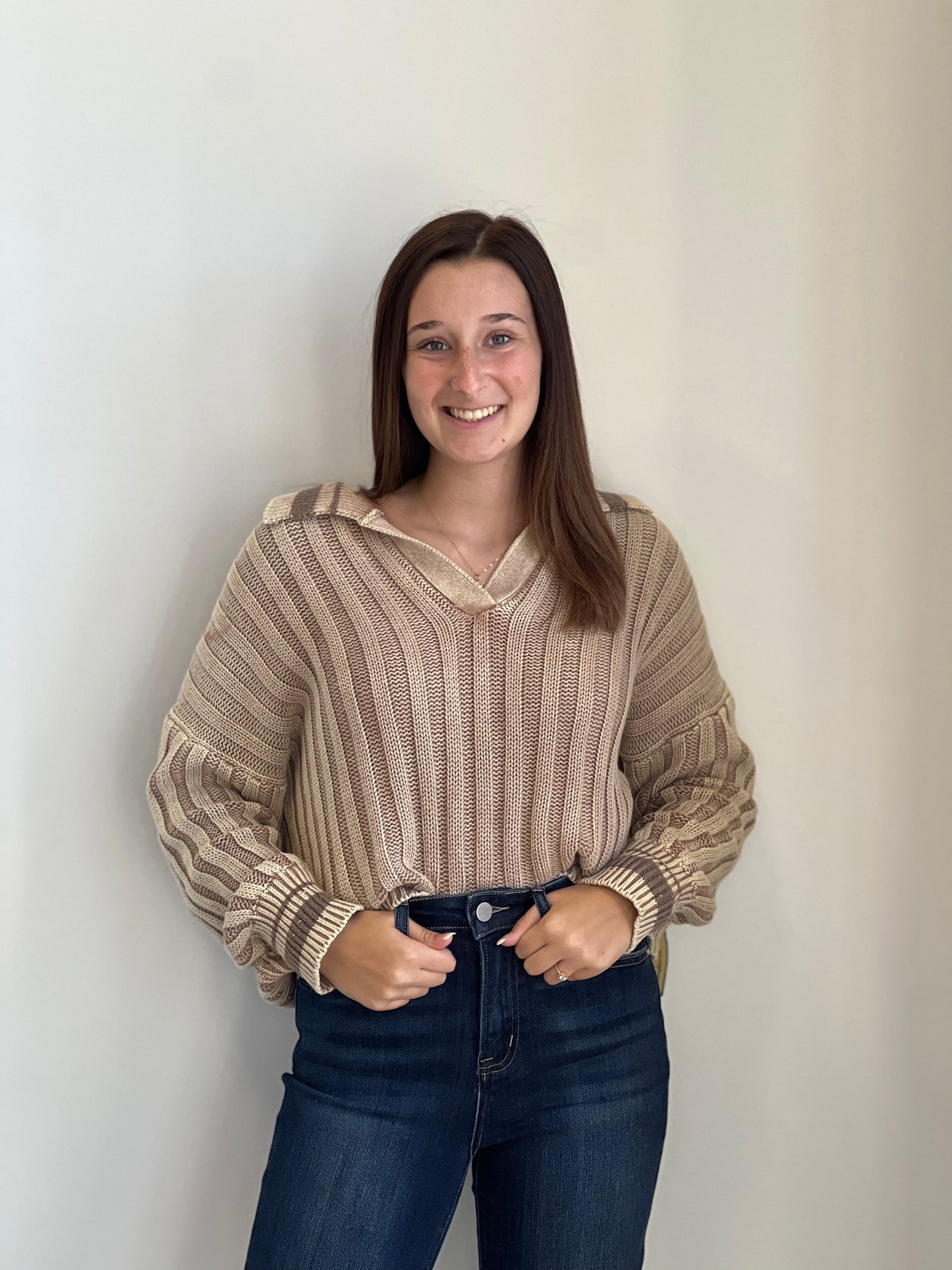 Cora Mushroom Taupe with Tonal Stripes Polo Sweater