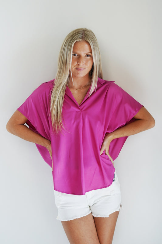 Celia Satin Collared Blouse Collared Neckline Short Cap Sleeve Satin Material Magenta Color Loose Fit Full Length 100% Polyester