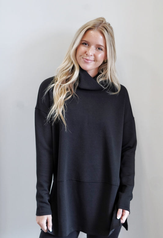 Spanx AirEssentials Turtleneck Tunic Relaxed Turtleneck Long Sleeves Side Slits Full Length Relaxed Fit Colors: Black 47% Modal, 46% Polyester, 7% Elastane