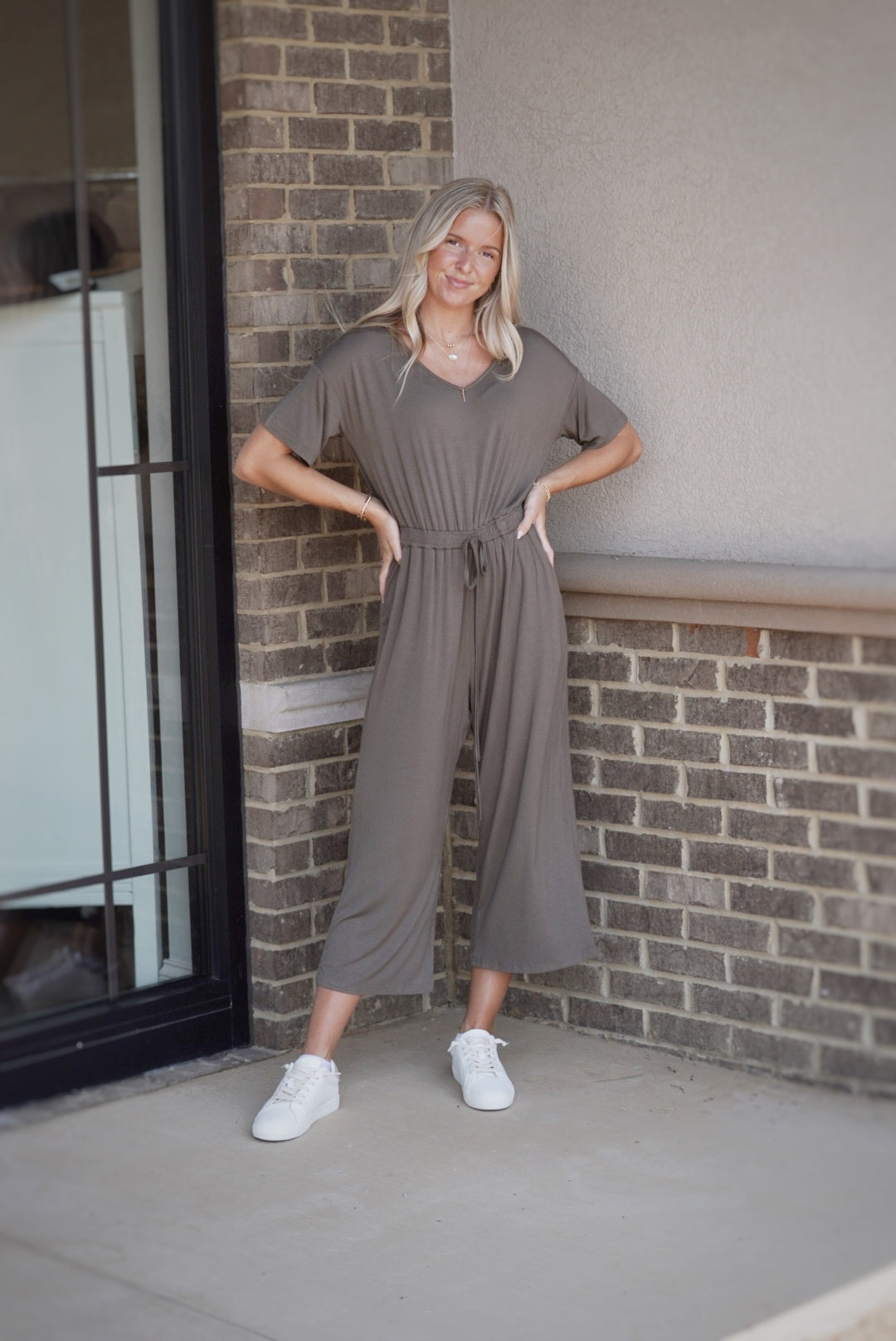 Emily Short Sleeve Jersey Jumpsuit V-Neckline Dolman Sleeve Line Elastic Waist Loose Fit Cut Cotton Blend Knit Fabric Olive Color Available In Extra Large Care: 95% Rayon, 5% Spandex Hand Wash Cold Do Not Bleach, Lay Flat To Dry, Low Iron If Needed Model Is Wearing Size Small