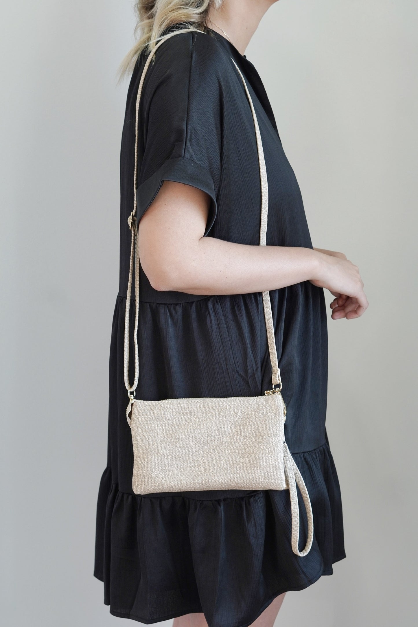 Riley Neutral Crossbody Wallet 5 Compartments 6 Card Slots 1 Interior Zipper Zipper Closer Colors: Almond One Crossbody Strap, One Wristlet Strap - Both Removable 8.5 x 5.5in