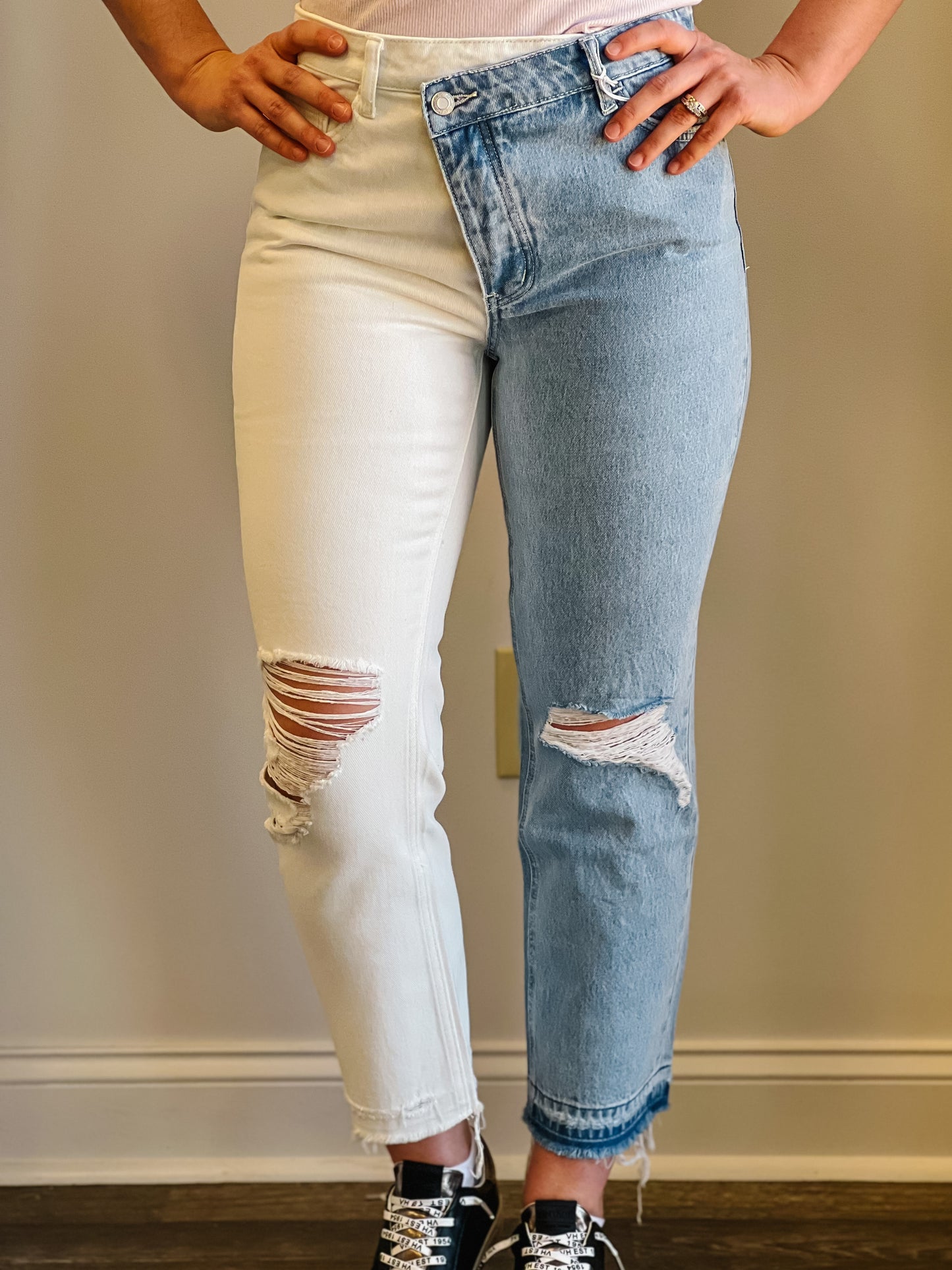 Livy Two Toned Criss Crossed Waist Jeans