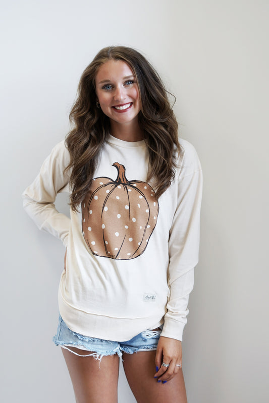 Cocoa Polka Dot Pumkin Toasted Long Sleeve Crew Neckline Long Sleeve Brown Pumpkin With Polka Dots Color: Toasted Biscotti Full Length Side Slits On Bottom Of Shirt 60% Cotton, 40% Polyester
