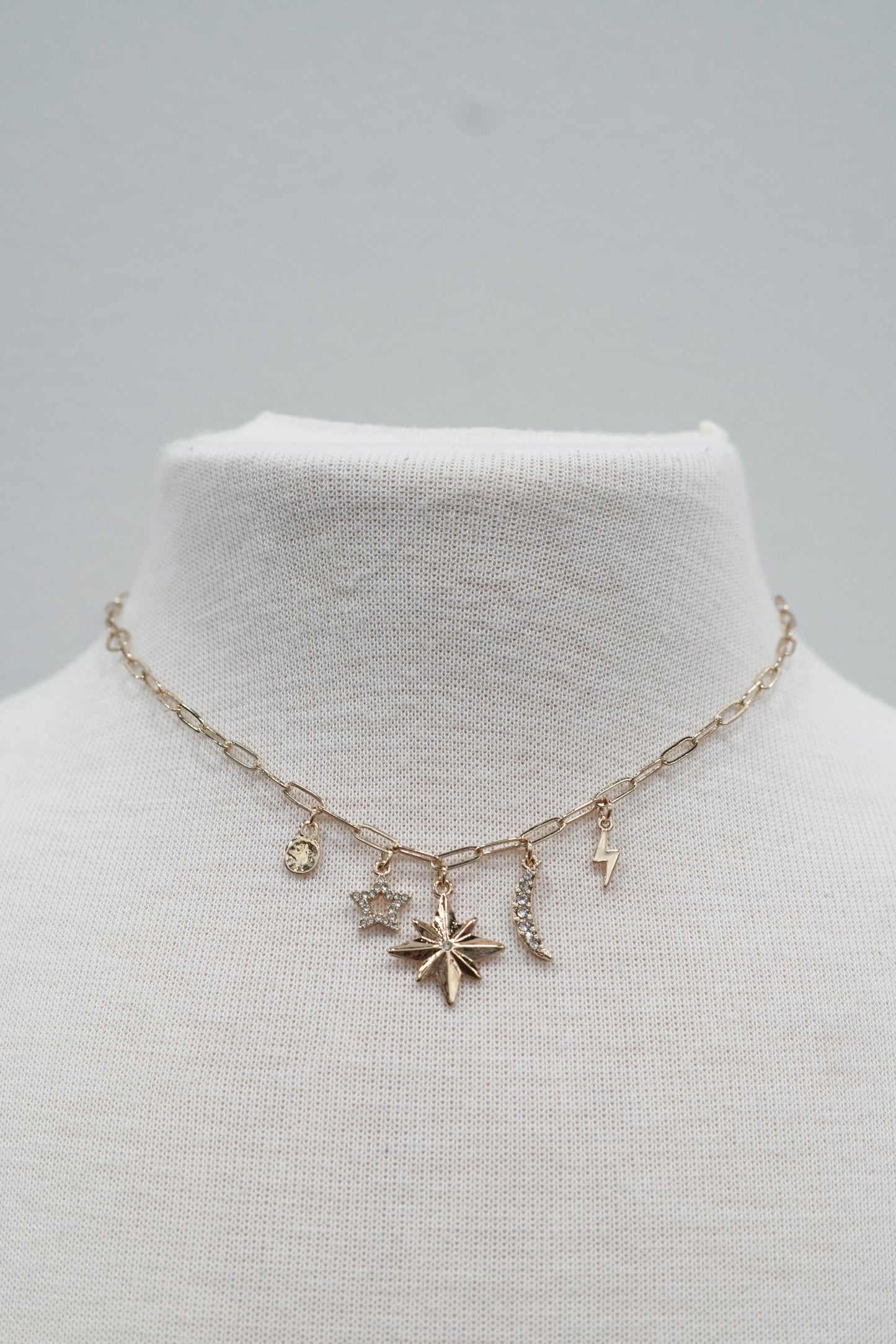 Crystal Star and Moon Chain Link Charm Necklace Gold Colored Sun, Star, and Moon Charms Lobster Clasp