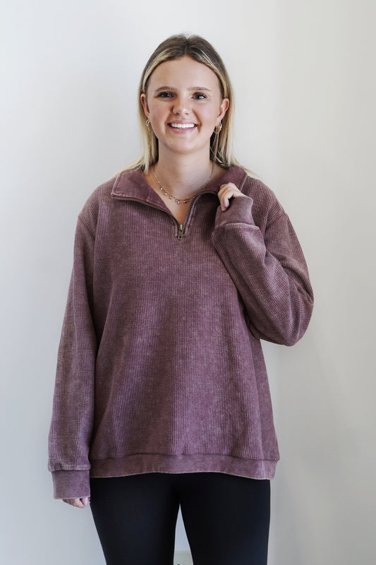 Kara Quarter Zip Ribbed Sweatshirt Quarter Zip Collared Neckline Long Cuffed Sleeves Washed Ribbed Material MulberryColor Relaxed Fit Full Length 100% Cotton Care: Hand wash cold, Do not bleach, Dry flat, Iron low, Do not dry clean, Wash separately
