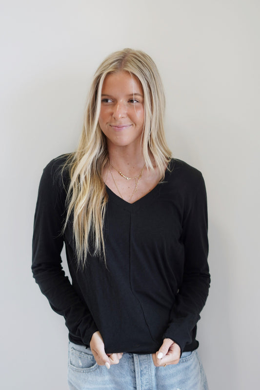 Darla Dream Slub Long Sleeve Tee V-Neckline Long Sleeve Front Seam Black Color Relaxed Fit 100% Cotton