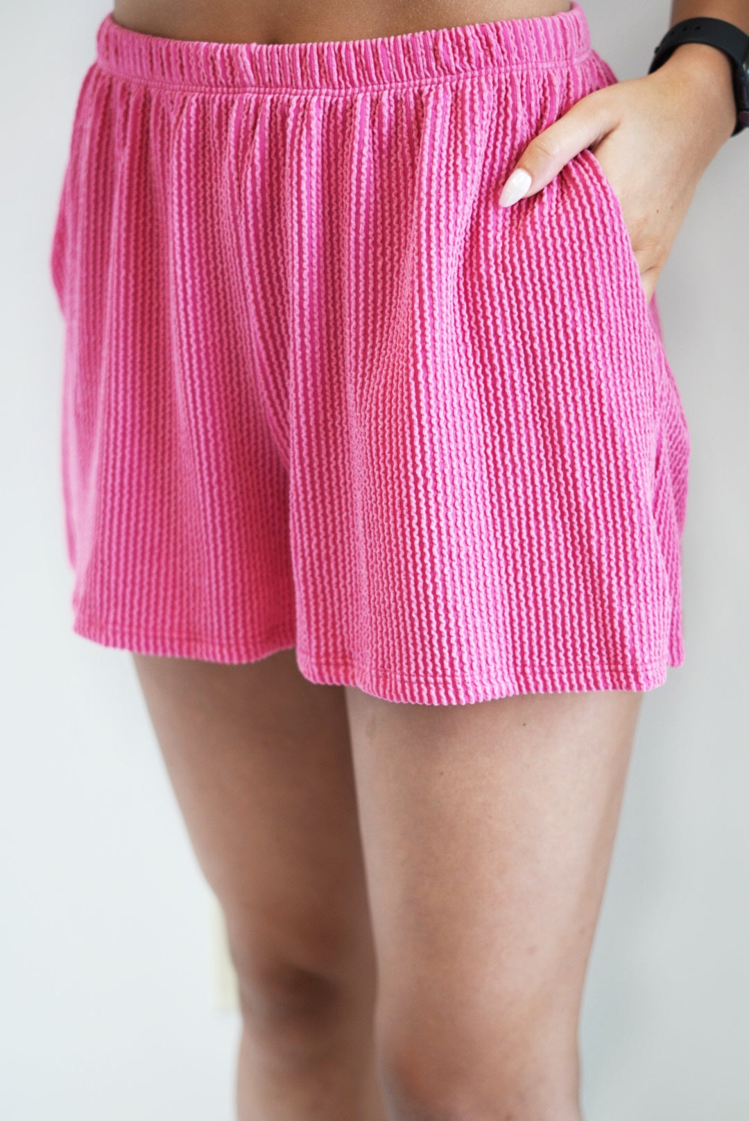 Kelly Everyday Ribbed Short Elastic Waist Band Available in Green, Pink Fits true to size 76% Polyester 21% Rayon 3% Spandex Hand Wash Cold, Do Not Bleach, Hang Or Line Dry Model is wearing size small