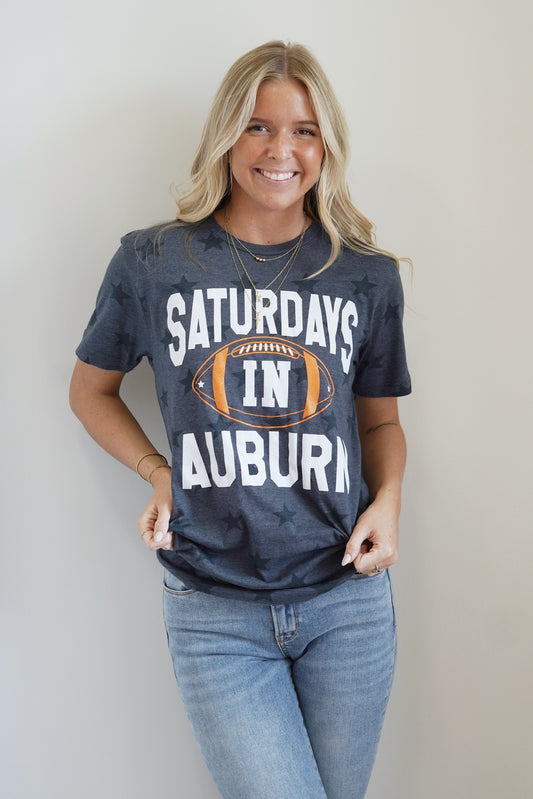 Saturdays in Auburn Star Tee Crew Neckline Short Sleeves Navy Base w/ Darker Navy Stars White "Saturdays in Auburn" Lettering Orange Football Graphic Relaxed Fit Full Length 60% Cotton, 405 Polyester