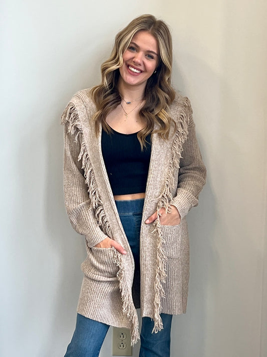 Hallie Hooded Fringe Knit Cardigan