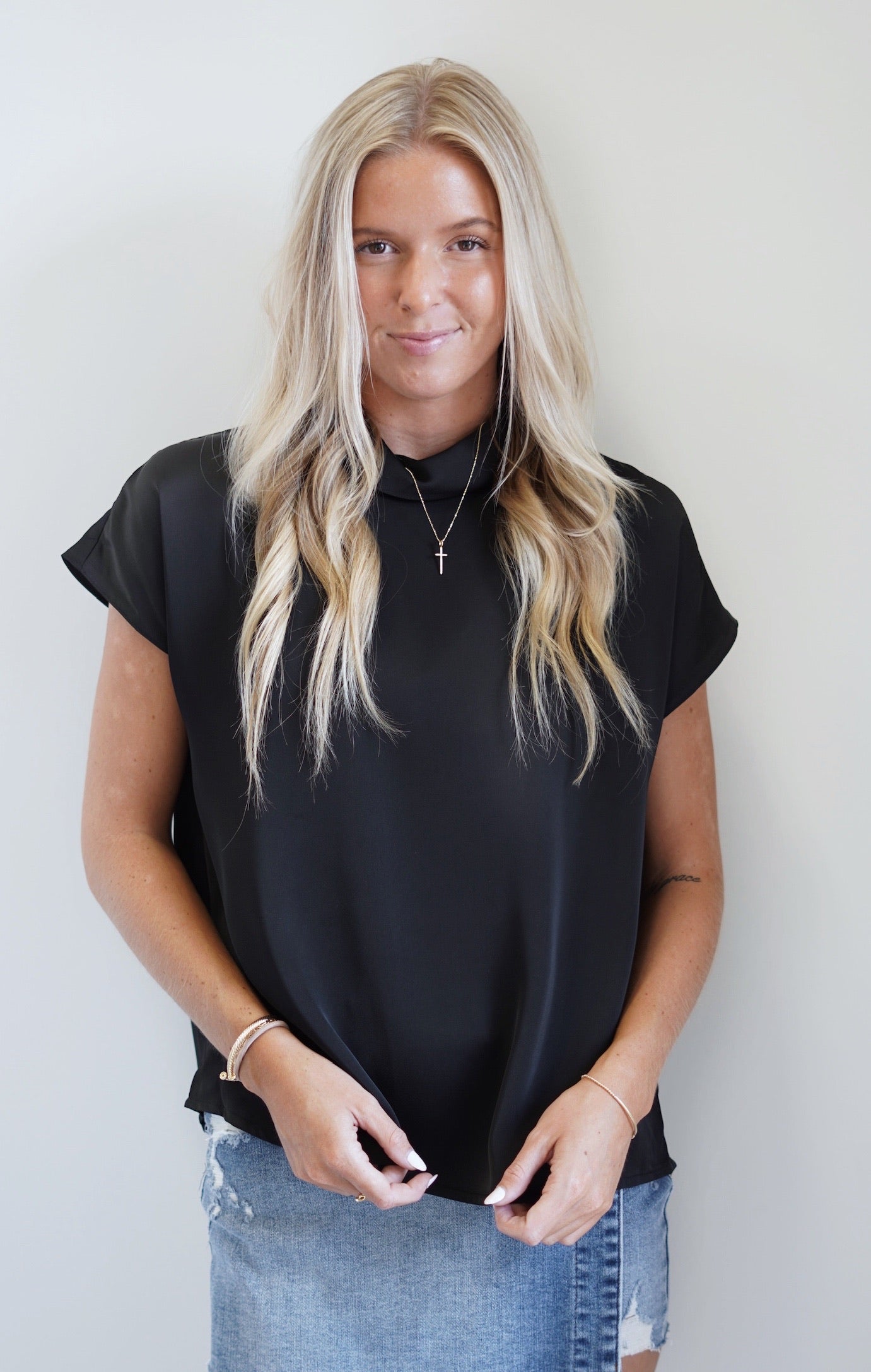 Emily Wrap Neck Collared Blouse Wrapped Neck Collar Sleeveless Collared Tank Top Black Color 100% Polyester