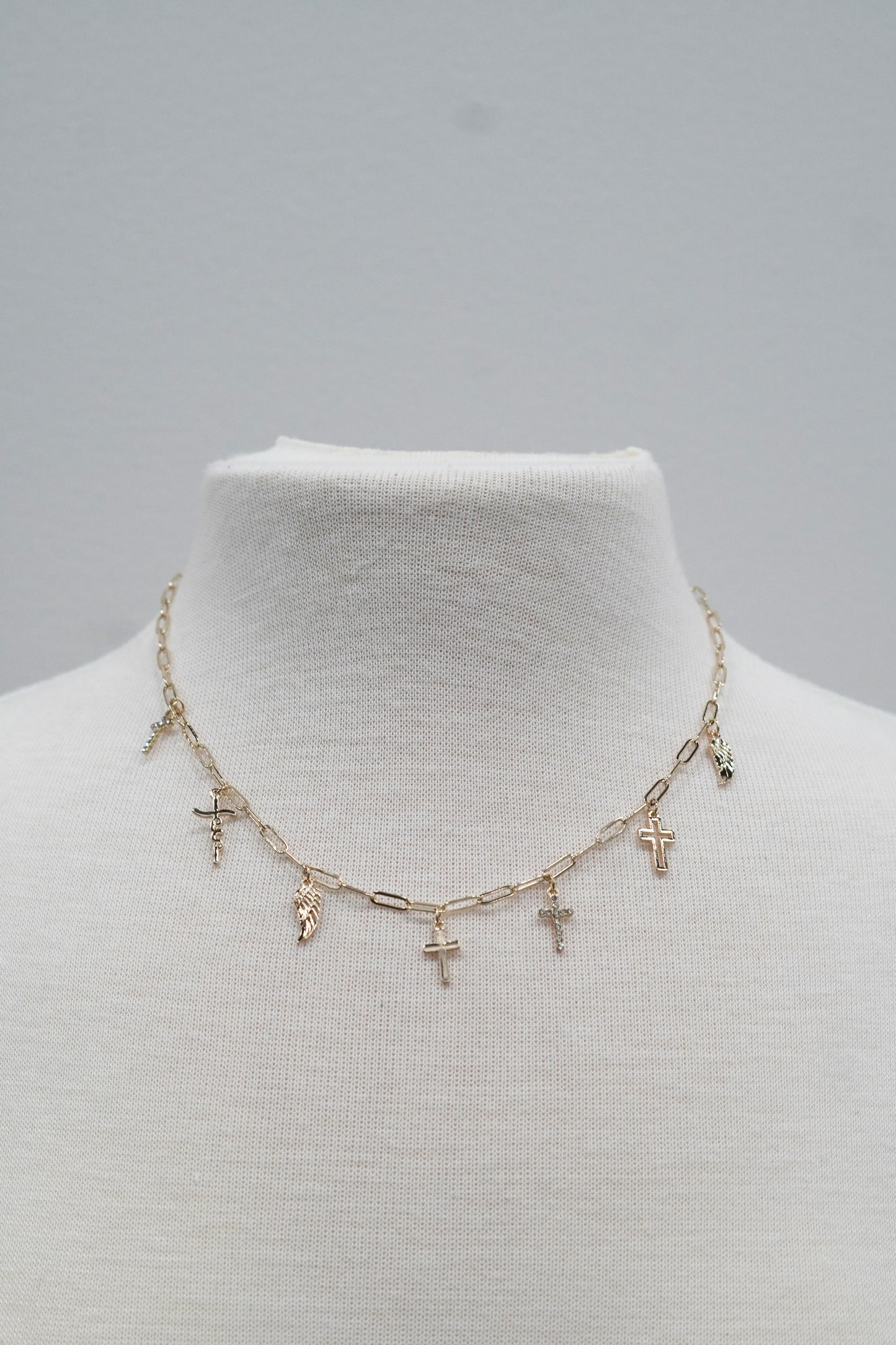 Cross and Angel Wing Charm Chain Link Necklace Crosses and angel wings charms Gold Colored Lobster Clasp