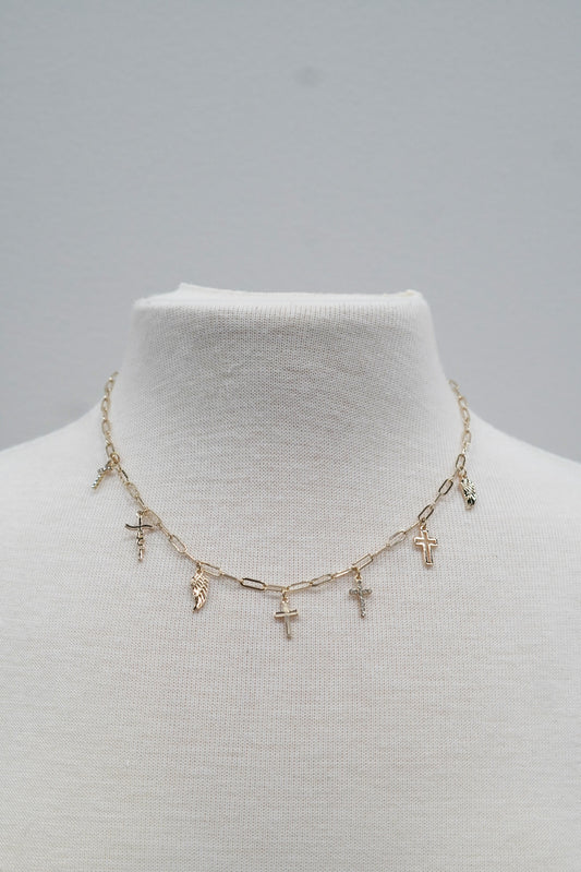 Cross and Angel Wing Charm Chain Link Necklace Crosses and angel wings charms Gold Colored Lobster Clasp