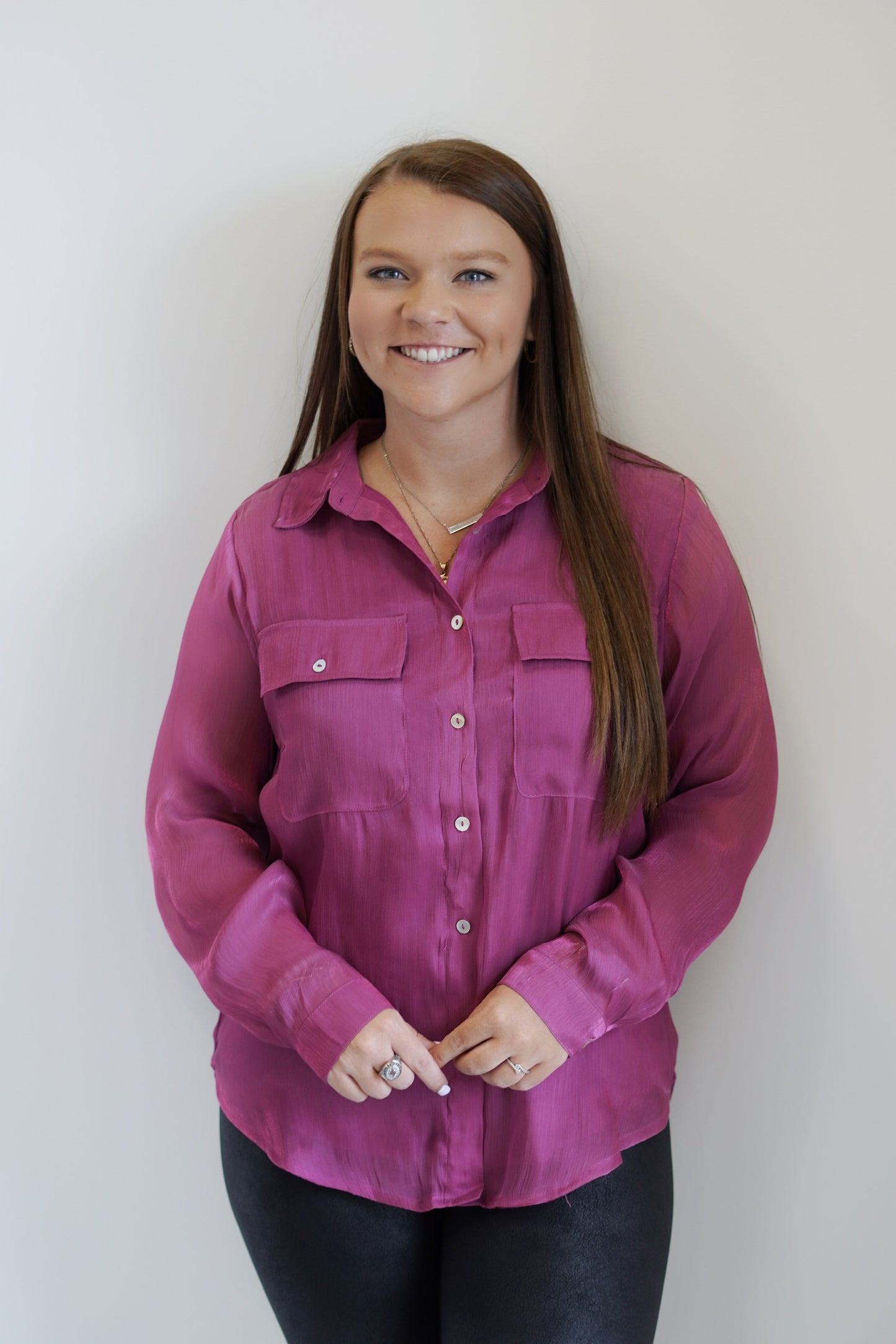 Shae Shimmery Button Up Pocket Blouse Collared Neckline Front Pockets Shimmering Magenta Color Relaxed Fit 100% Polyester