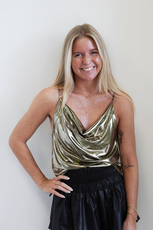 Gracie Gold Cowl Neck Satin Top Cowl Neckline Sleeveless Adjustable Spaghetti Straps Metallic Gold Color Blouse Fit Skimmer Length 95% Polyester, 5% Spandex