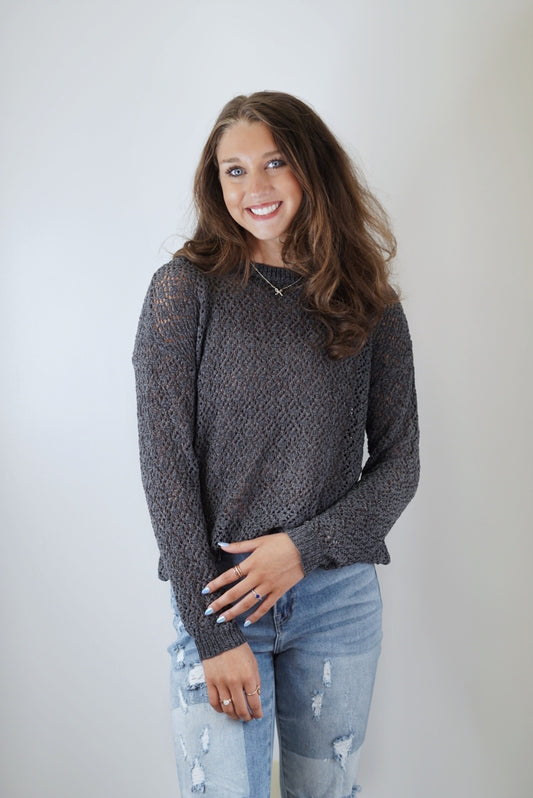 Camille Cable Knit Chenille Sweater Round Neckline Long Cuffed Sleeve Knit Chenille Pattern Charcoal Color Relaxed Fit 100% Polyester Care: Hand Wash Cold, Do Not Bleach, Hang to Dry