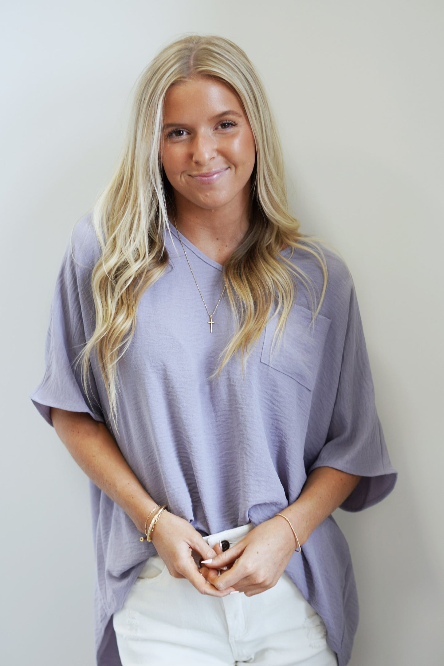 Luna Lavender V-Neck Pocket Blouse V-Neckline Short Dolman Sleeve Pocket Detail Lavender Color Loose Fit 100% Polyester