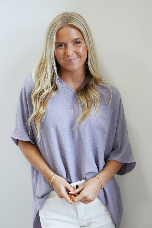 Luna Lavender V-Neck Pocket Blouse V-Neckline Short Dolman Sleeve Pocket Detail Lavender Color Loose Fit 100% Polyester