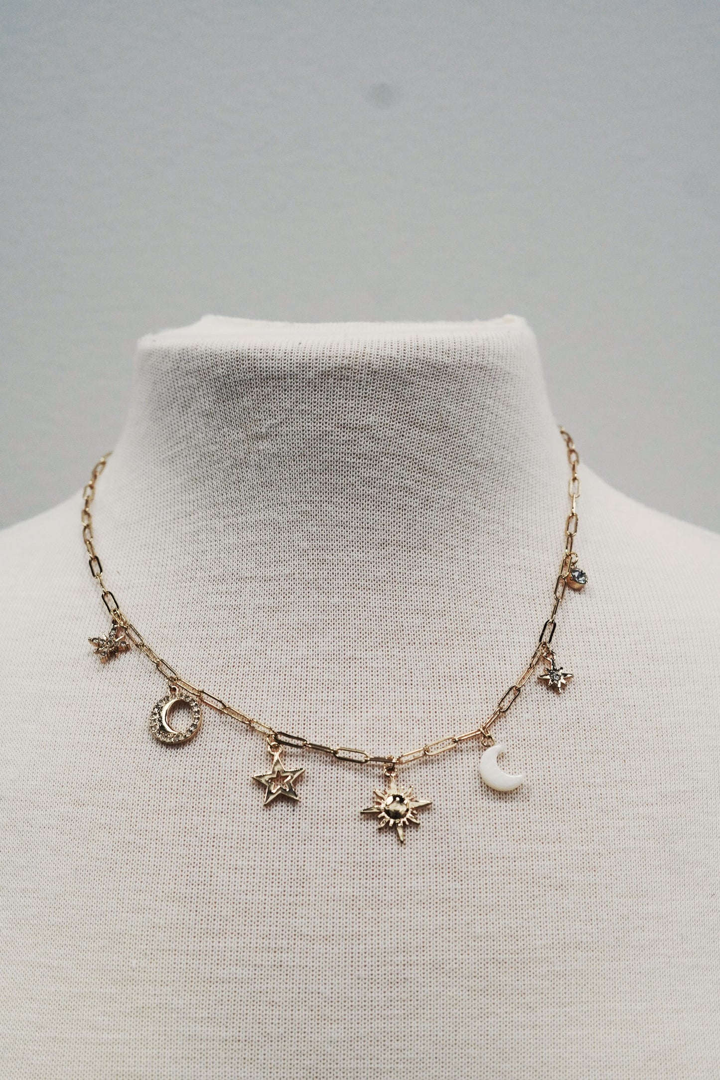 Sun, Star, and Moon Charm Chain Link Necklace Sun, Star, and Moon Charms Gold Colored Lobster Clasp Chain Link